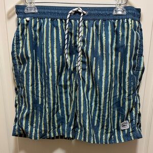 Men's Blue Swim Trunks with Yellow Stripe Pattern